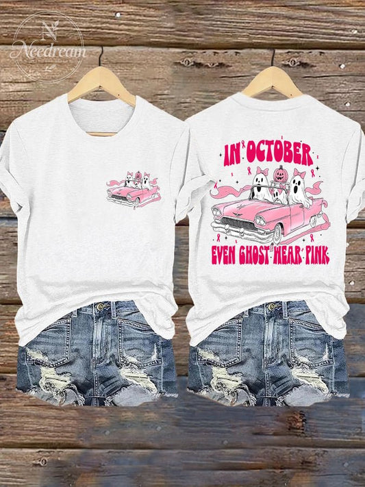 Retro Breast Cancer Awareness Halloween In October Even Ghost Wear Pink Print T-Shirt