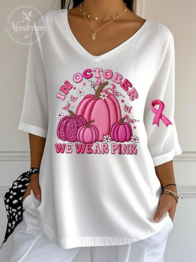 Women's October We Wear Pink Pumpkin Print Ribbed Top