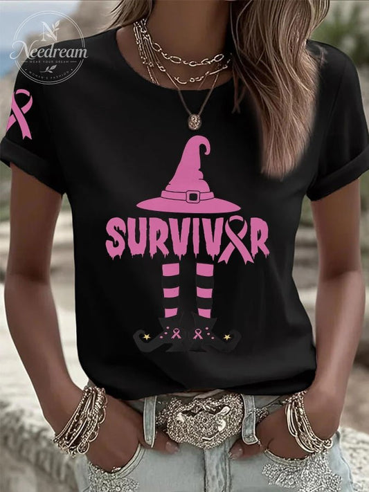 Women's Breast Cancer Survivor Witch Print Casual T-shirt