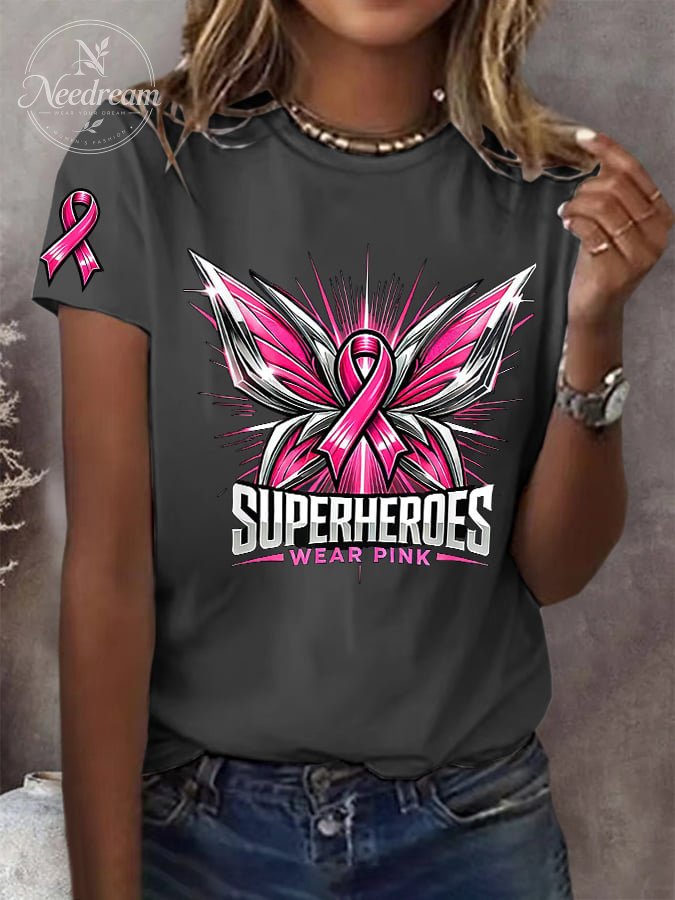 Women's Retro Superheroes Wear Pink Body-Positive For Breast Cancer Print T-Shirt