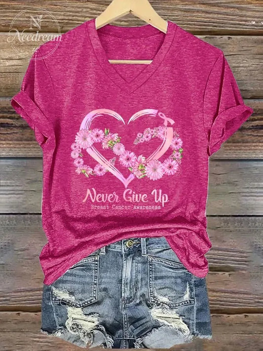 Women's Never Give Up Breast Cancer Awareness Printed Casual T-shirt