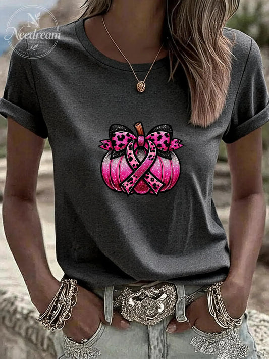 Women'S Breast Cancer Ribbon Pumpkin Casual Round Neck T-Shirt