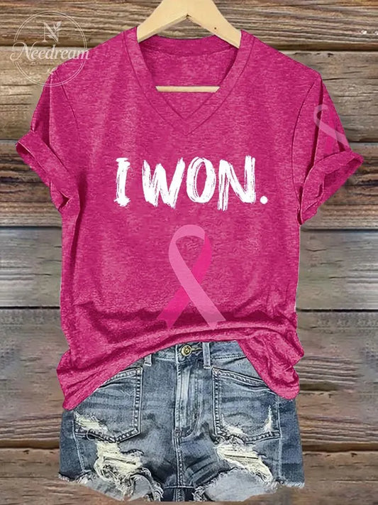 V-neck Retro Breast Cancer Awareness Pink Ribbon I Won Print T-Shirt
