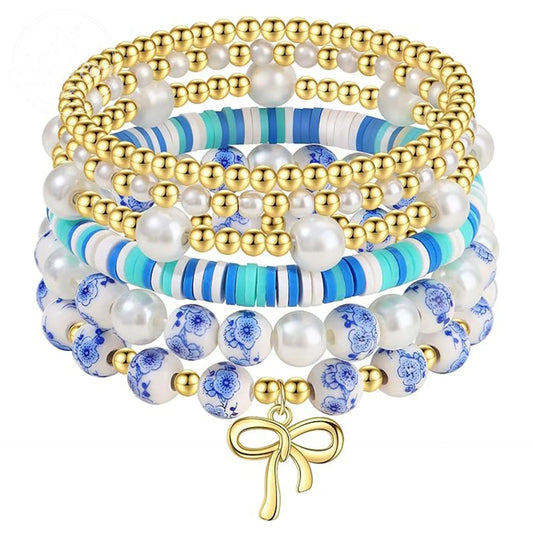 Diamond Studded Bow, Blue Blue Blue And White Porcelain Floral Bead Bracelet