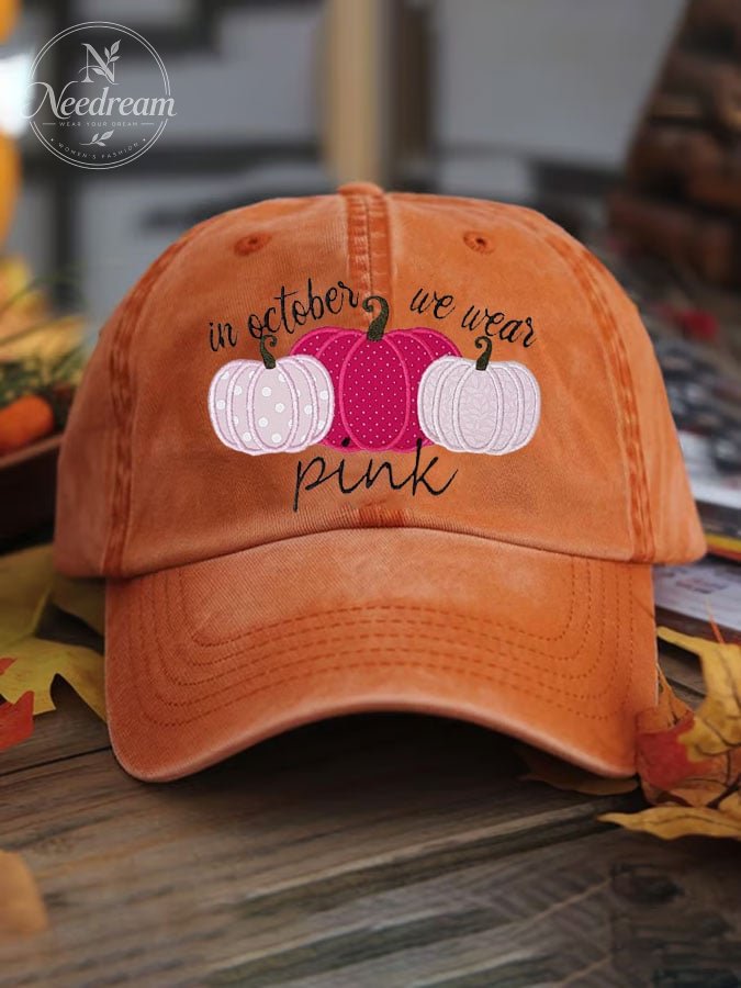 Women's Pink Pumpkin Print Washed Cotton Hat