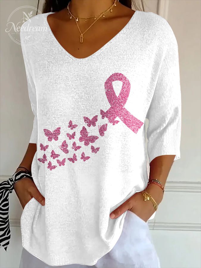 Women's Casual Breast Cancer Knitted T-shirt