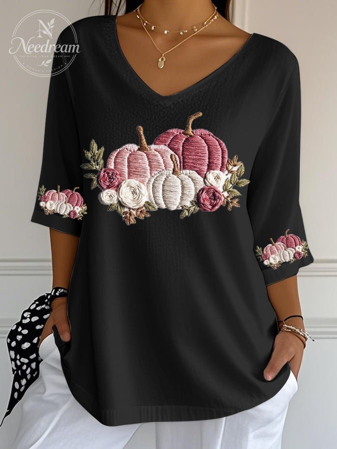 Women's Casual Autumn Pumpkin Bubble Wrinkle Top