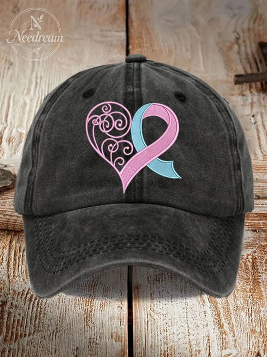 Unisex Distressed Washed Cotton Breast Cancer Ribbon Heart Printed Hat