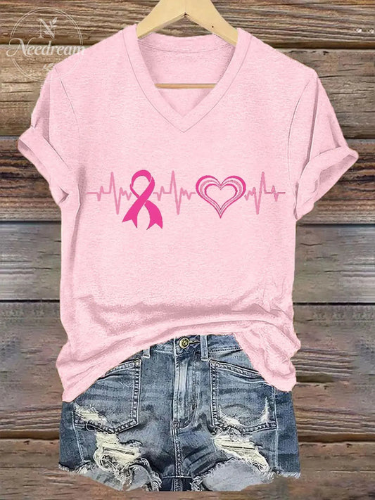 Women's Breast Cancer Awareness Print V-Neck T-Shirt