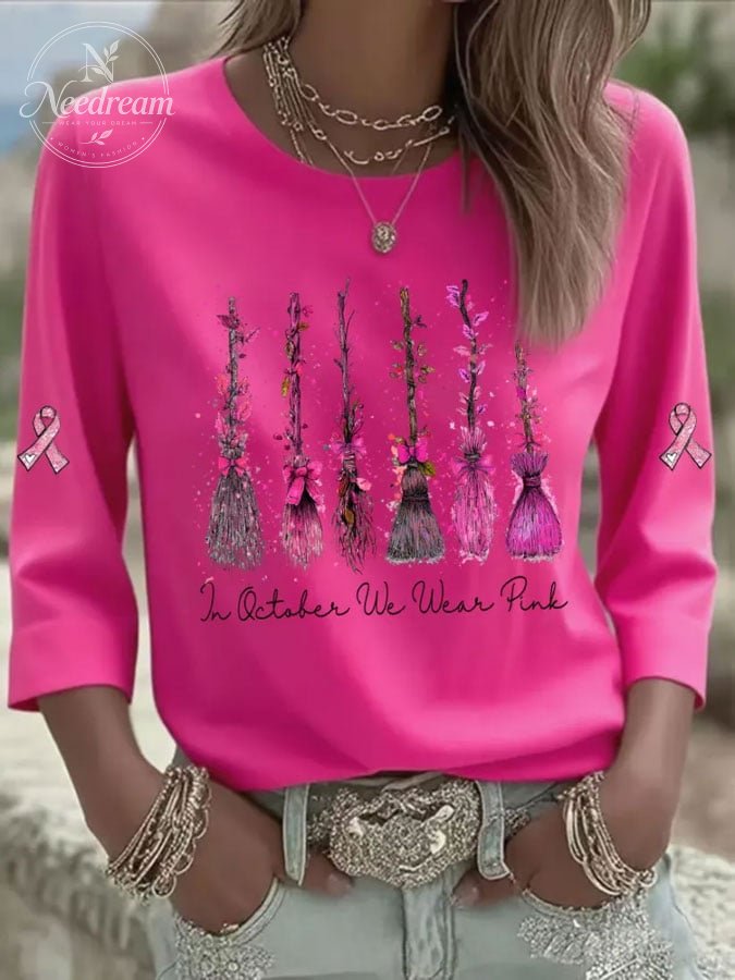 Women's Casual Breast Cancer Print Three-Quarter Sleeve T-Shirt