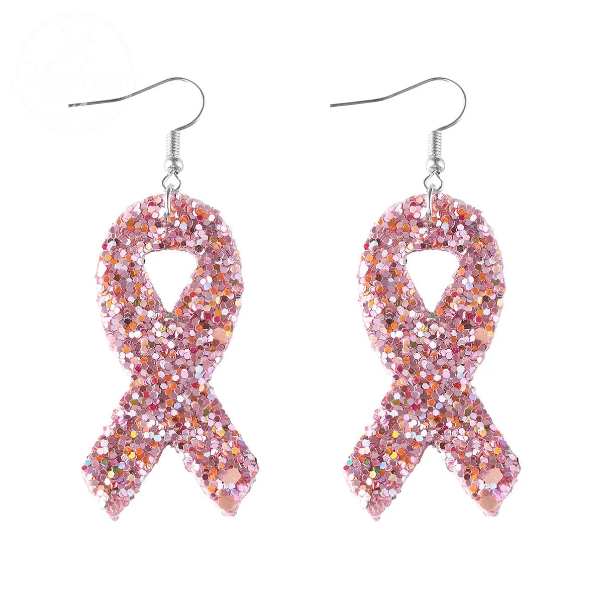 Pink Ribbon Glitter Earrings