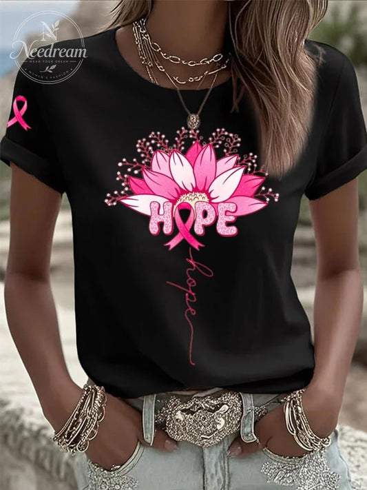 Women's Hummingbird Sunflower Breast Cancer Awareness Print Casual T-shirt