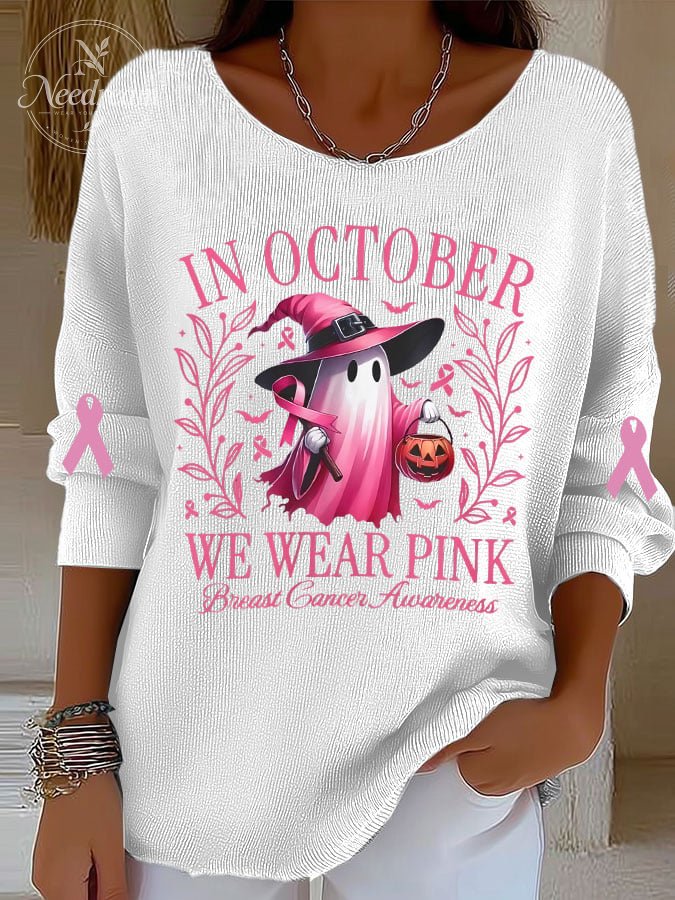 Women's Breast Cancer Awareness In October We Wear Pink Print Long Sleeve T-Shirt