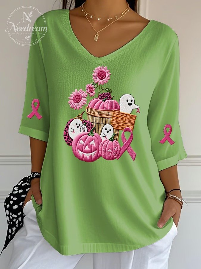 Women's Pink Pumpkin Ghost Print Ribbed Top