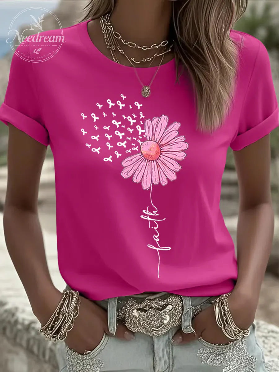 Women's Breast Cancer Faith Print Casual T-shirt
