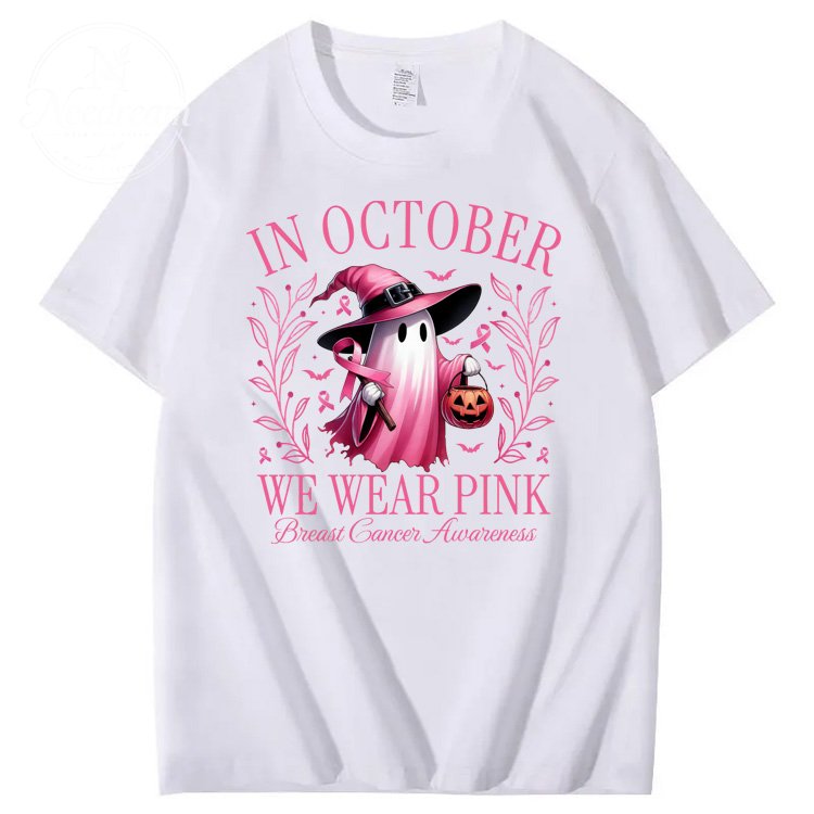 In October We Wear Pink Ghost Pattern100% Cotton T-Shirt