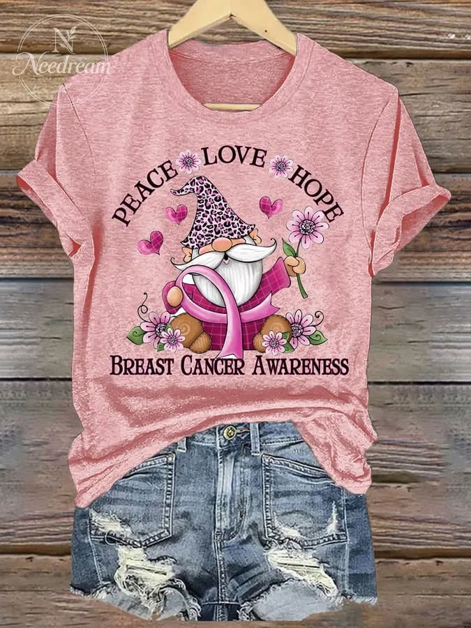 Women'S Peace Love Hope Breast Cancer Awareness Printed T-Shirt