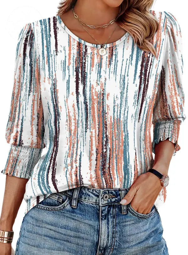 Women Dressy Casual 3/4 Length Sleeve Blouses with Smocked Cuffs