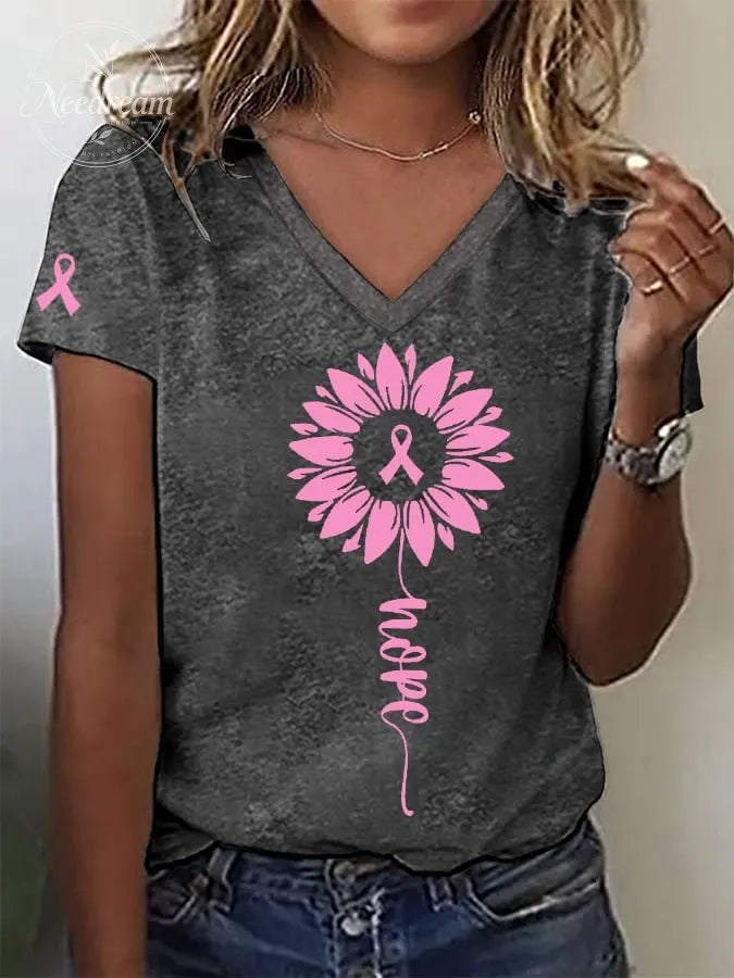 Women's Pink Ribbon Sunflower Hope Breast Cancer Awareness Warrior Tee