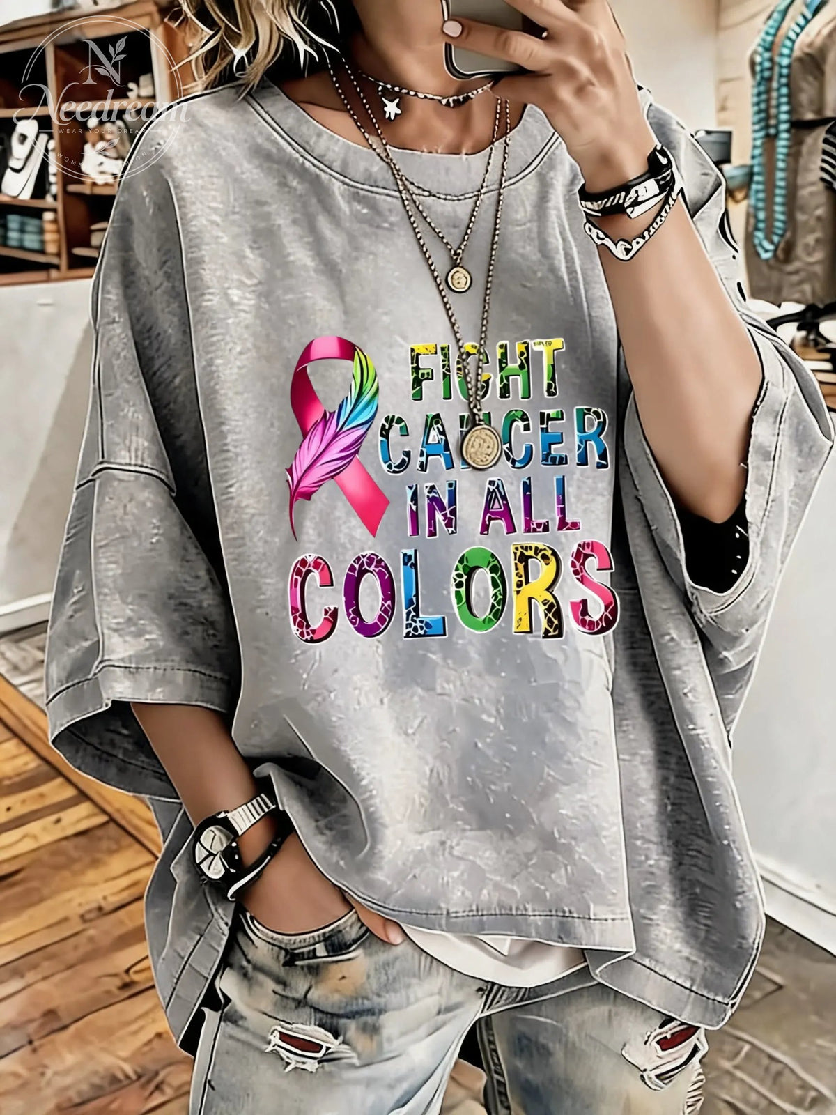 Women'S Fight Cancer In All Colors Distressed Washed Oversized T-Shirt