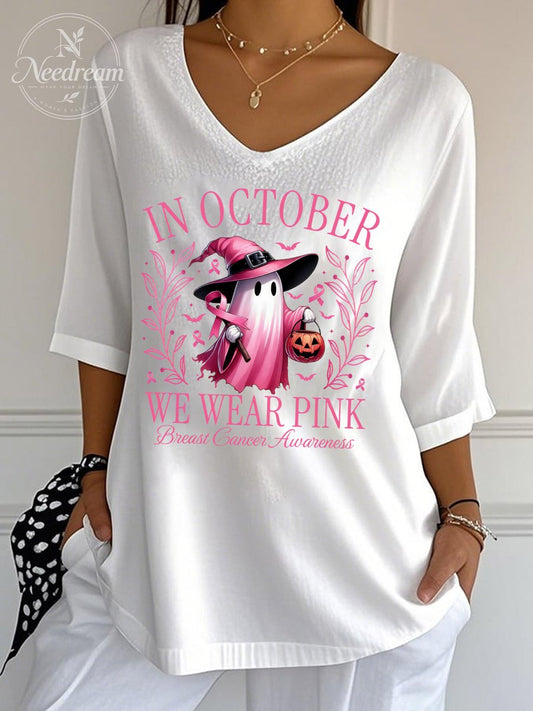 Women's Breast Cancer In October We Wear Pink Pattern Print Wrinkle Top