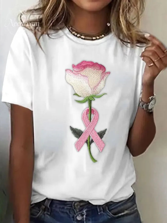Women's Pink Embroidered Floral Print Crew Neck T-Shirt