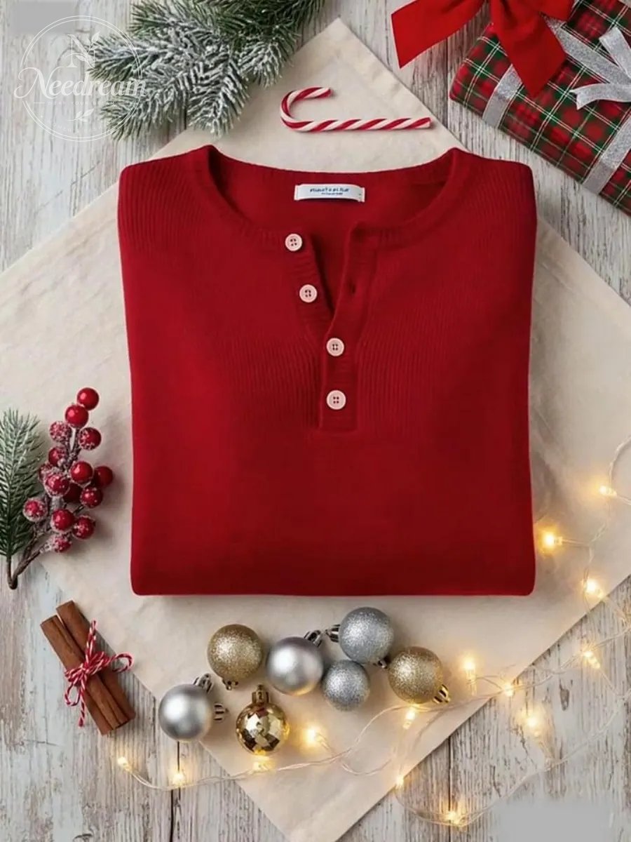 Women Plain Casual Long Sleeve Henley Collar Cotton Sweater