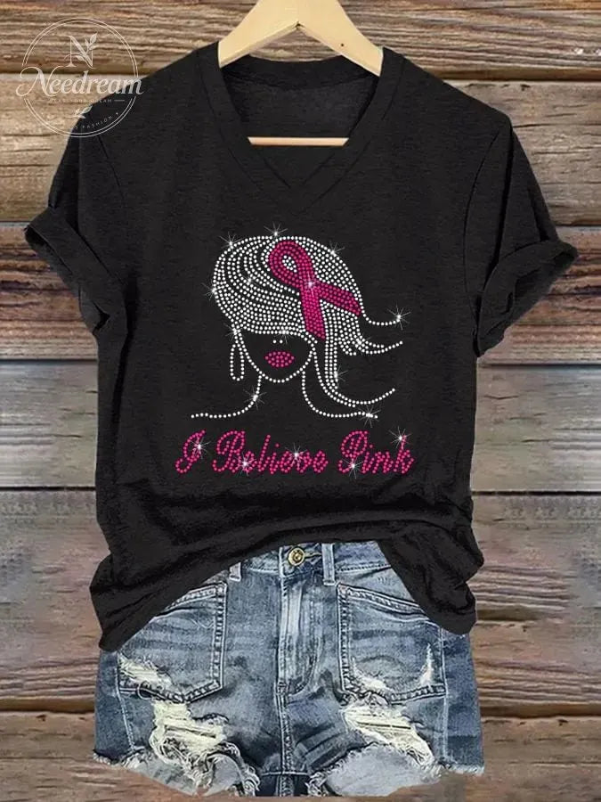 Women's I Believe Pink V-Neck Printed T-Shirt Top