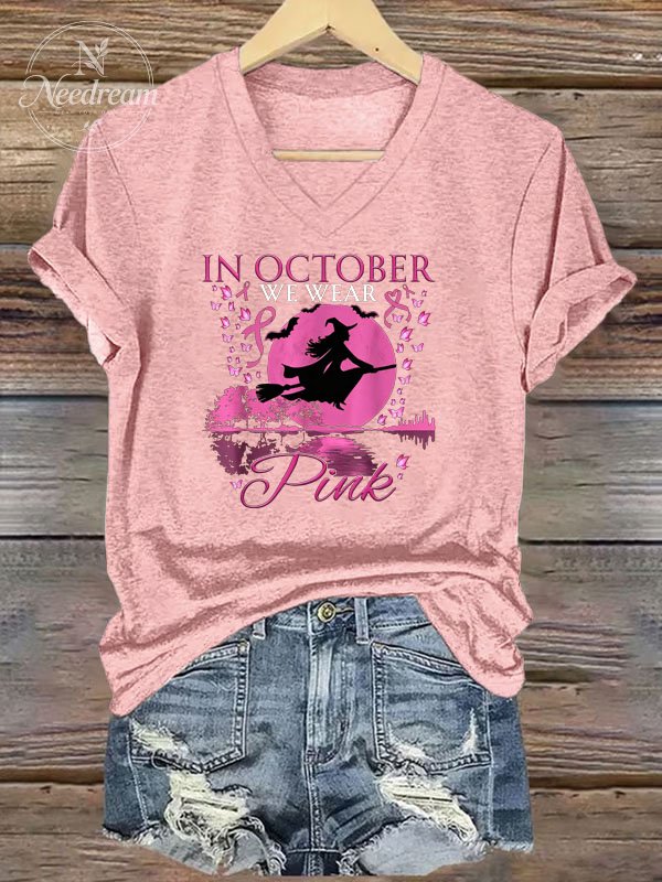 We Wear Pink Pattern Print V Neck Casual T-Shirt
