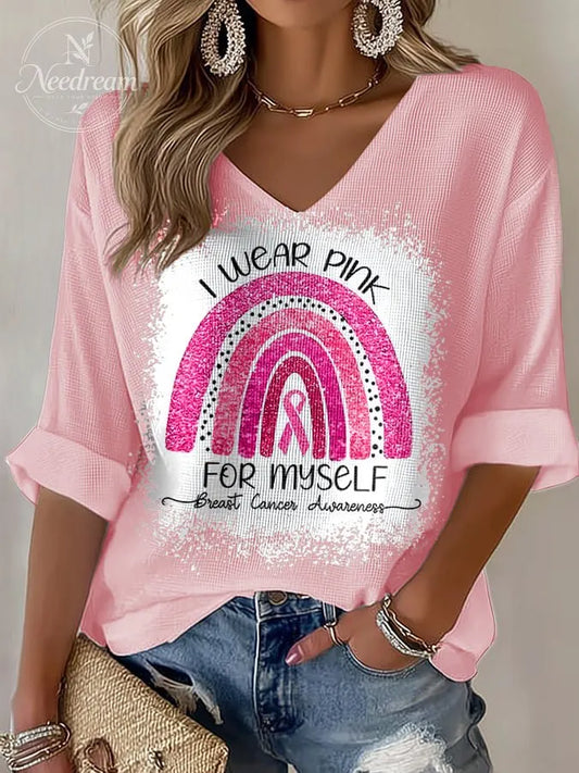 Women's casual I wear pink for myself waffle long-sleeved T-shirt
