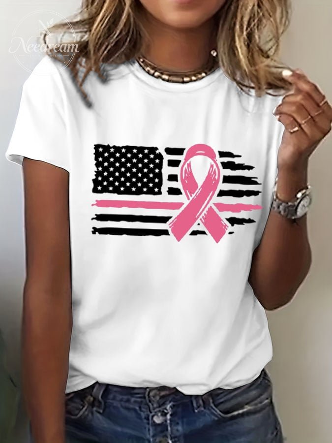 Women's Breast Cancer Awareness Print Crew Neck T-Shirt