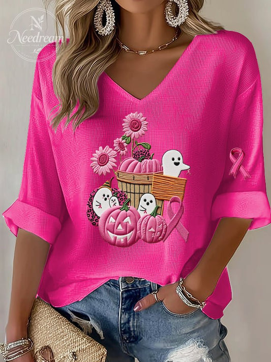 Women's casual pink ghost waffle long-sleeved T-shirt