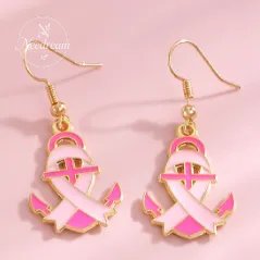 Pink Ribbon Anchor Earrings For Breast Cancer Awareness