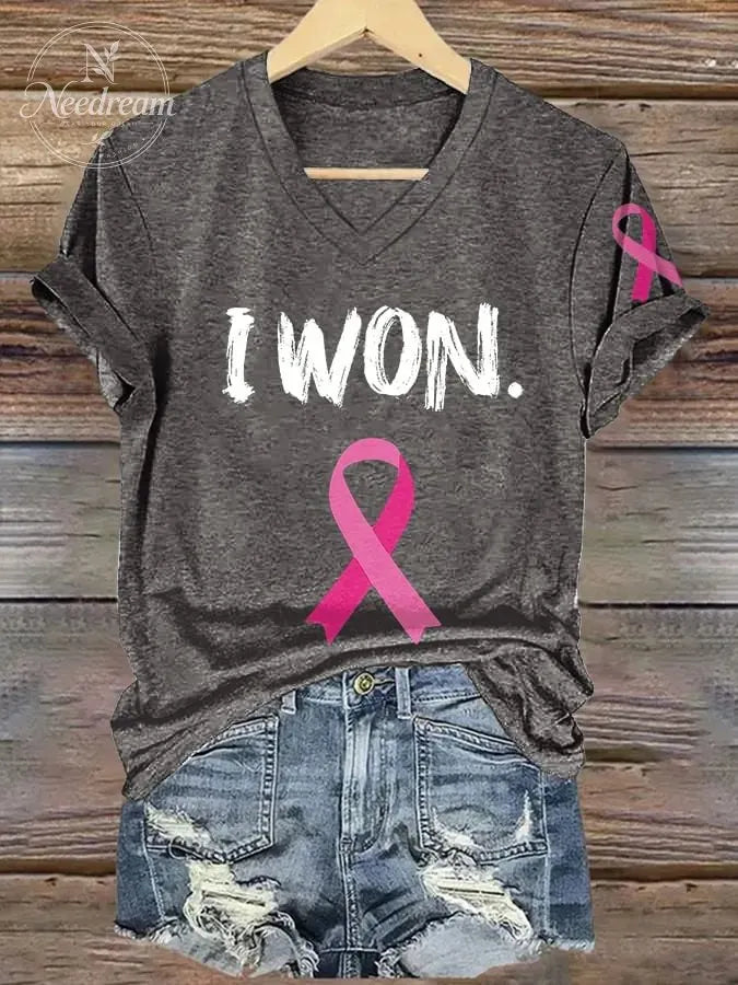 V-neck Retro Breast Cancer Awareness Pink Ribbon I Won Print T-Shirt
