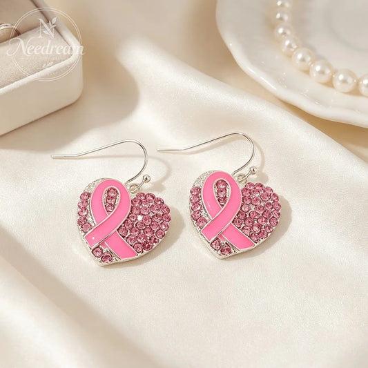 Pink Ribbon Heart Crystal Earrings