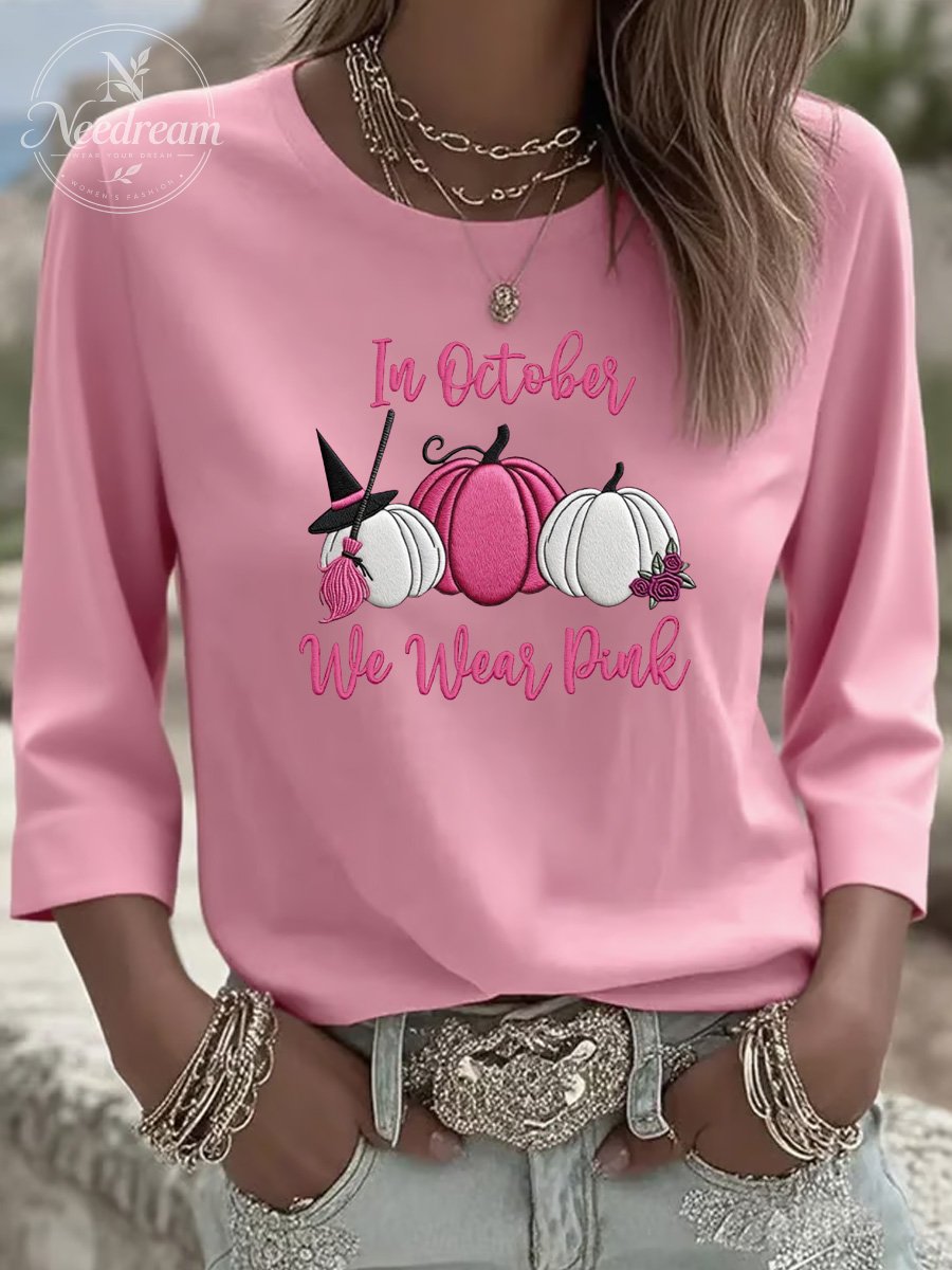 Women's In October We Wear Pink Three-Quarter Sleeve Round Neck T-Shirt