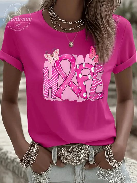 Women'S Breast Cancer Hope And Butterfly Pattern Print Casual T-Shirt