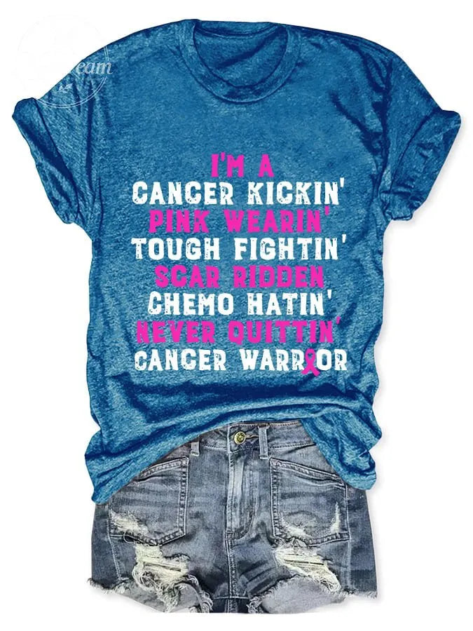 Breast Cancer Awareness Cancer Kickin' Chemo Hatin' Warrior Print T-Shirt