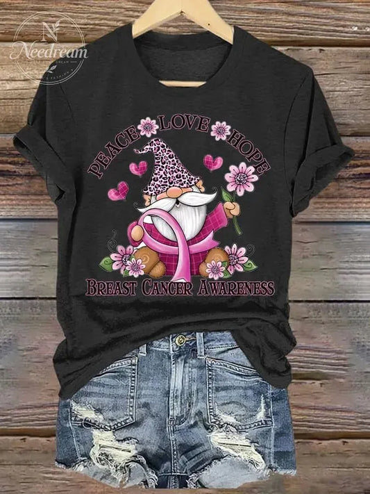 Women'S Peace Love Hope Breast Cancer Awareness Printed T-Shirt