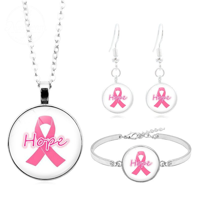 Breast Cancer Pink Ribbon Logo Necklace Set