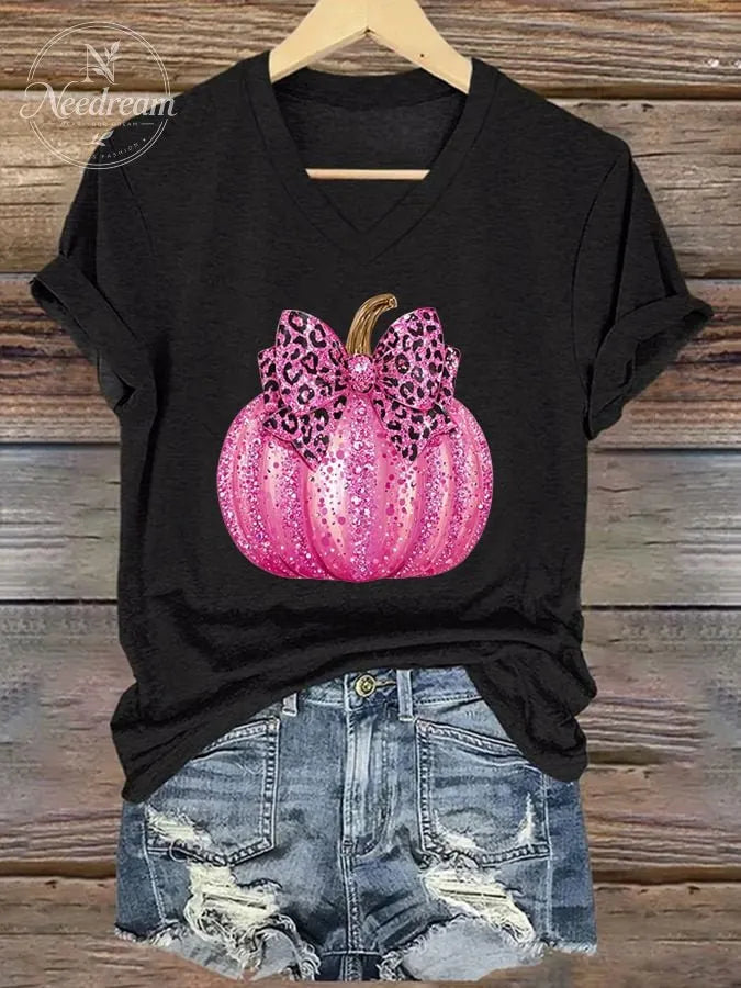 Women's Pink Pumpkin Print Breast Cancer Awareness T-Shirt