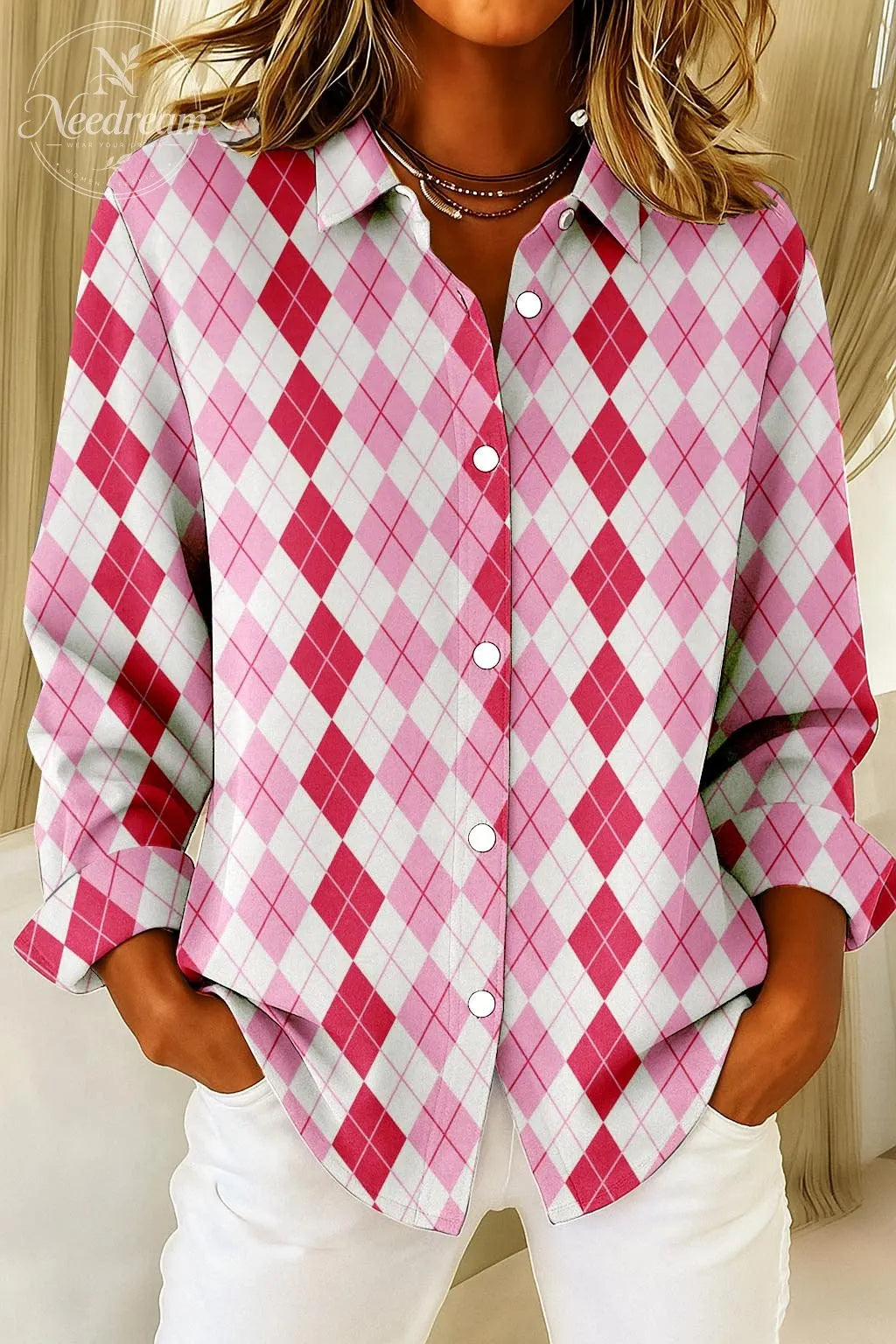 Women's Vintage Rhombus Lattice Pattern Print Casual Cotton Shirt