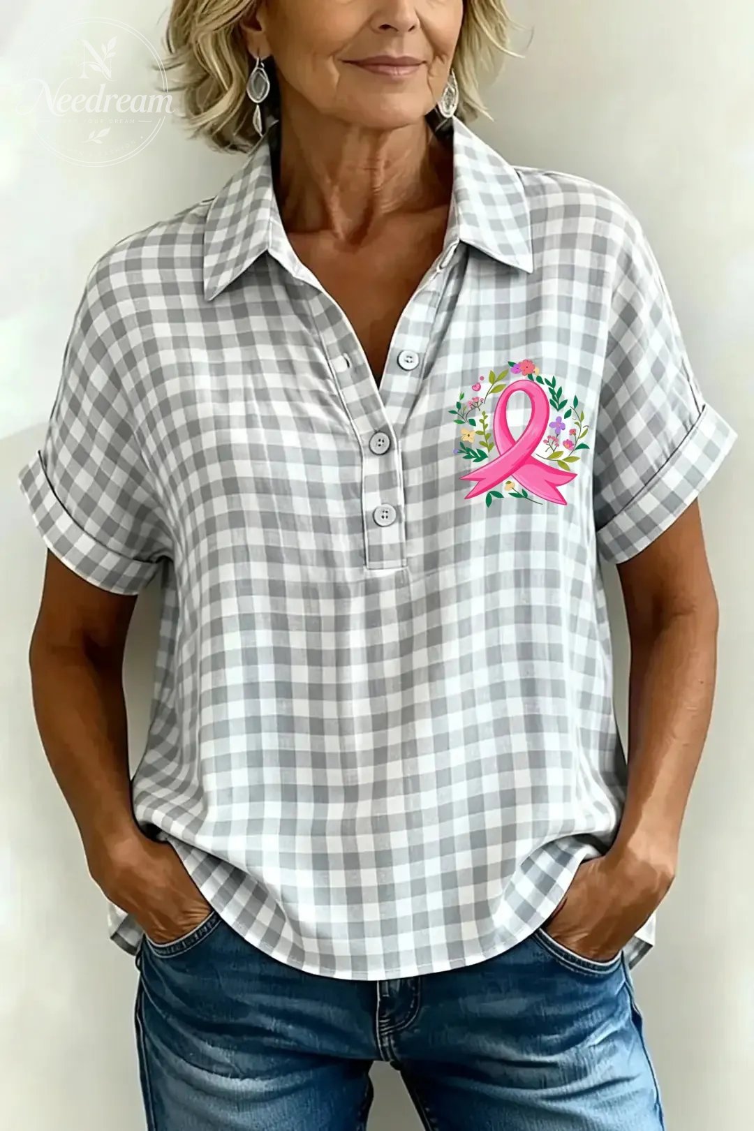 Women's Classic Plaid Cotton-Linen V-Neck Button-Front Shirt