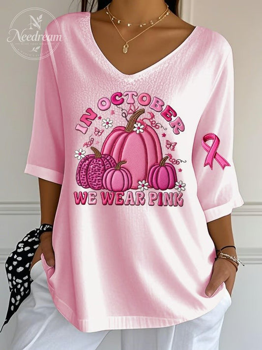 Women's October We Wear Pink Pumpkin Print Ribbed Top