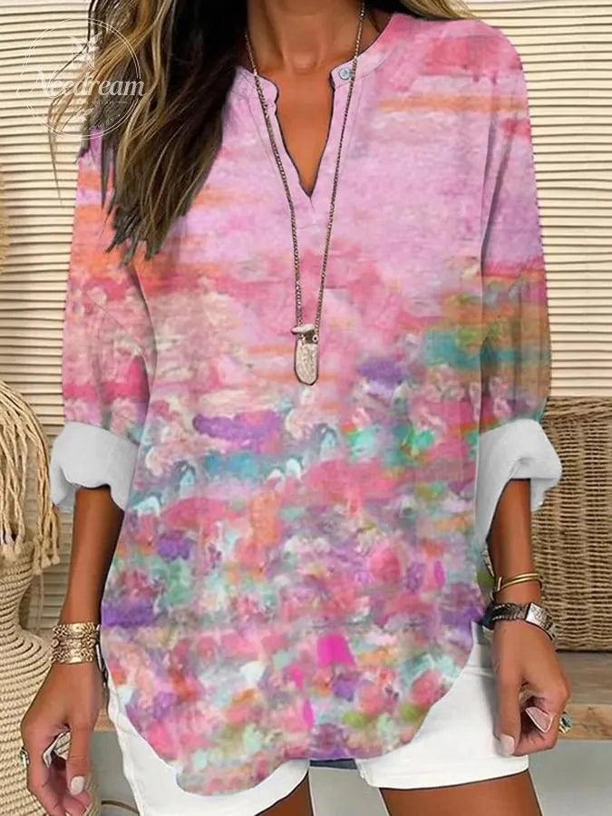 Women's Breast Cancer Awareness Print Casual Long Sleeve V-Neck Shirt