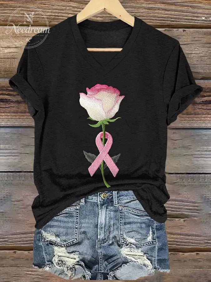Women's embroidered pink floral print T-shirt