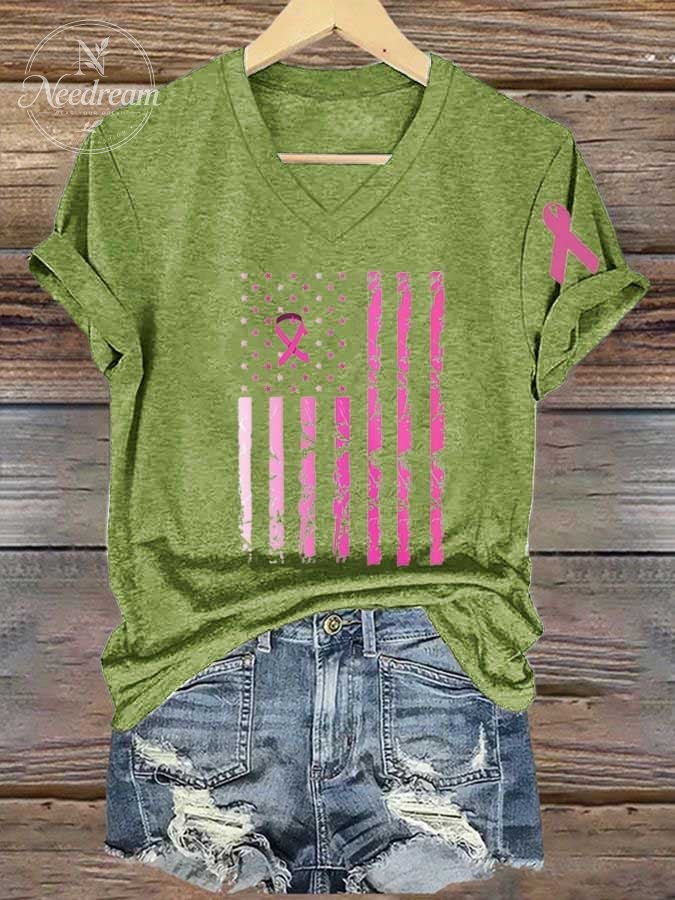 Women's Breast Cancer Awareness Flag Print Casual T-Shirt