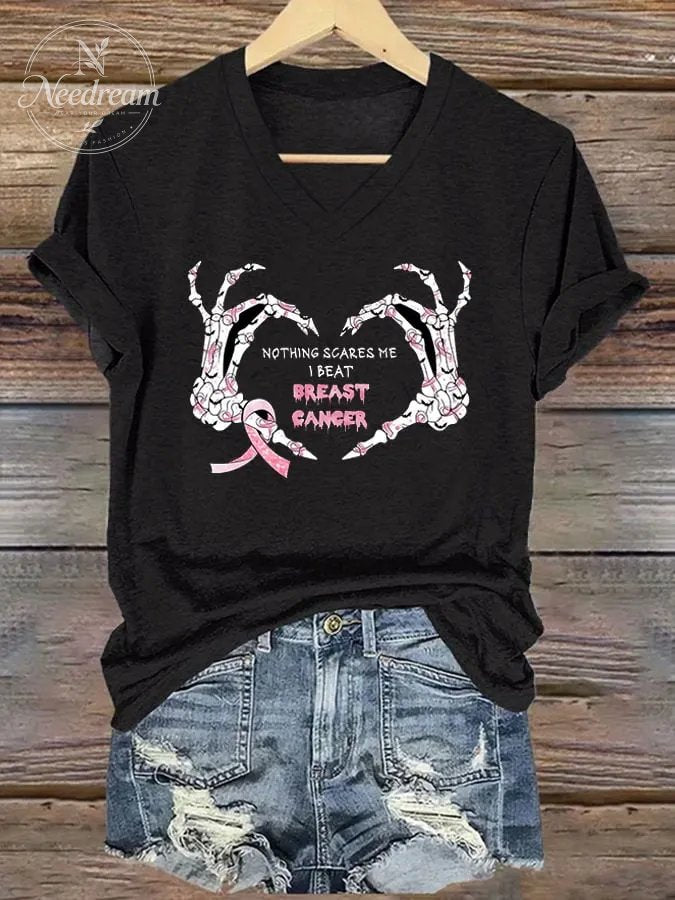 Women's Pink Ribbon Skeleton Hand V-Neck Print T-Shirt Top