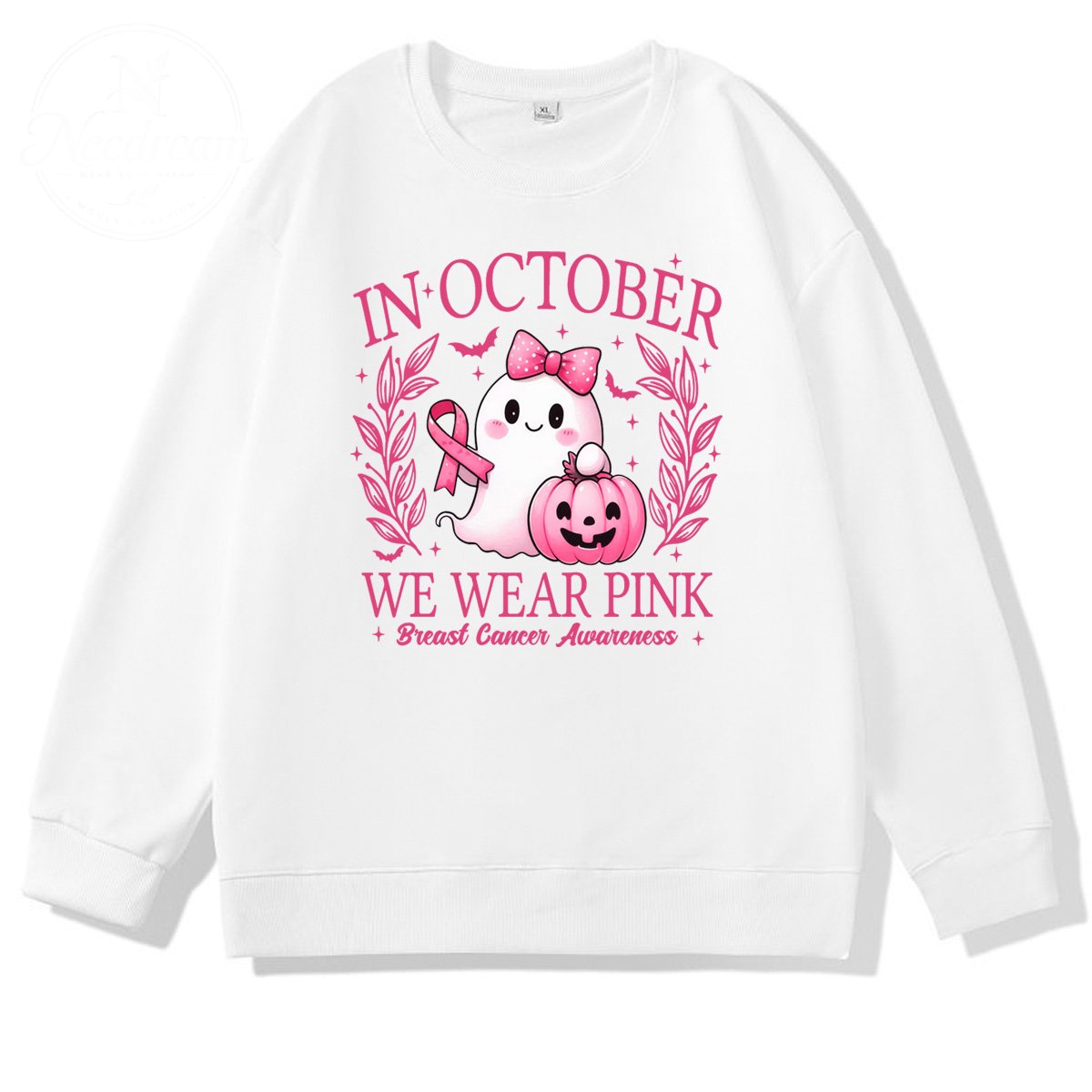 In October We Wear Pink Pattern 100% 300g CottonCrew Neck Sweatshirt