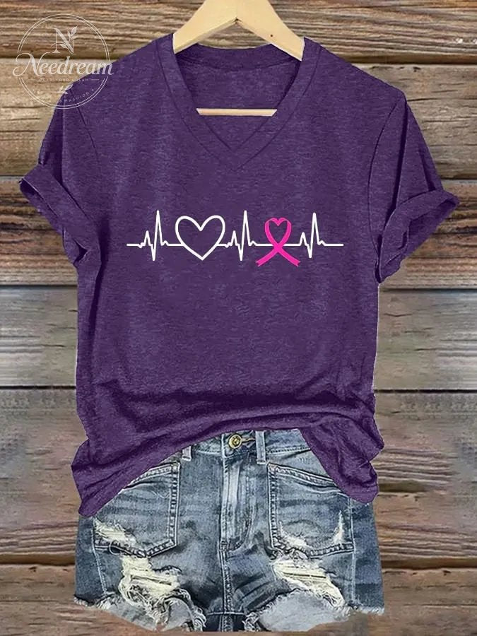 Women's Breast Cancer Heart ECG V-Neck Print T-Shirt Top